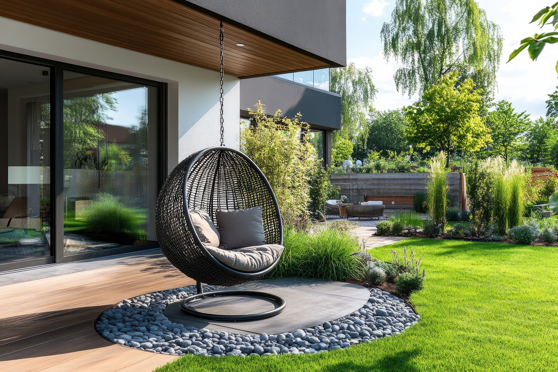 Hängesessel im Garten als Rückzugsort – Meisenknoedel sichtbar
